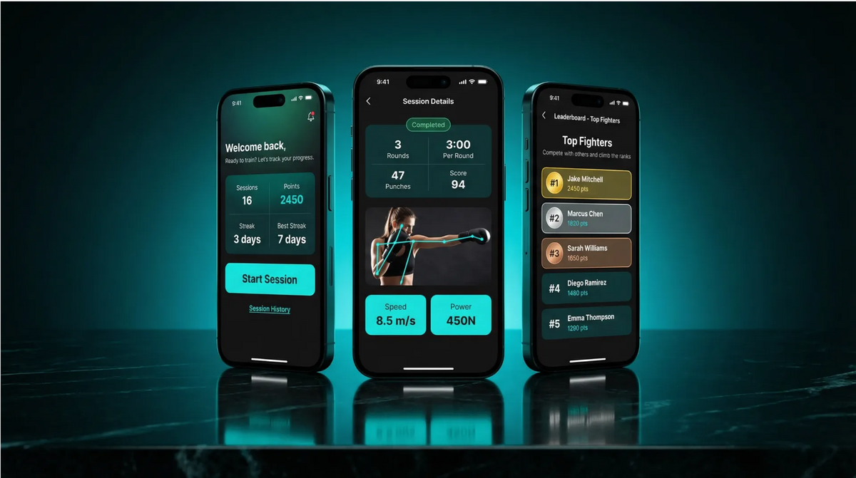 Combat Mirror App: Dashboard, Session Details, and Leaderboard screens