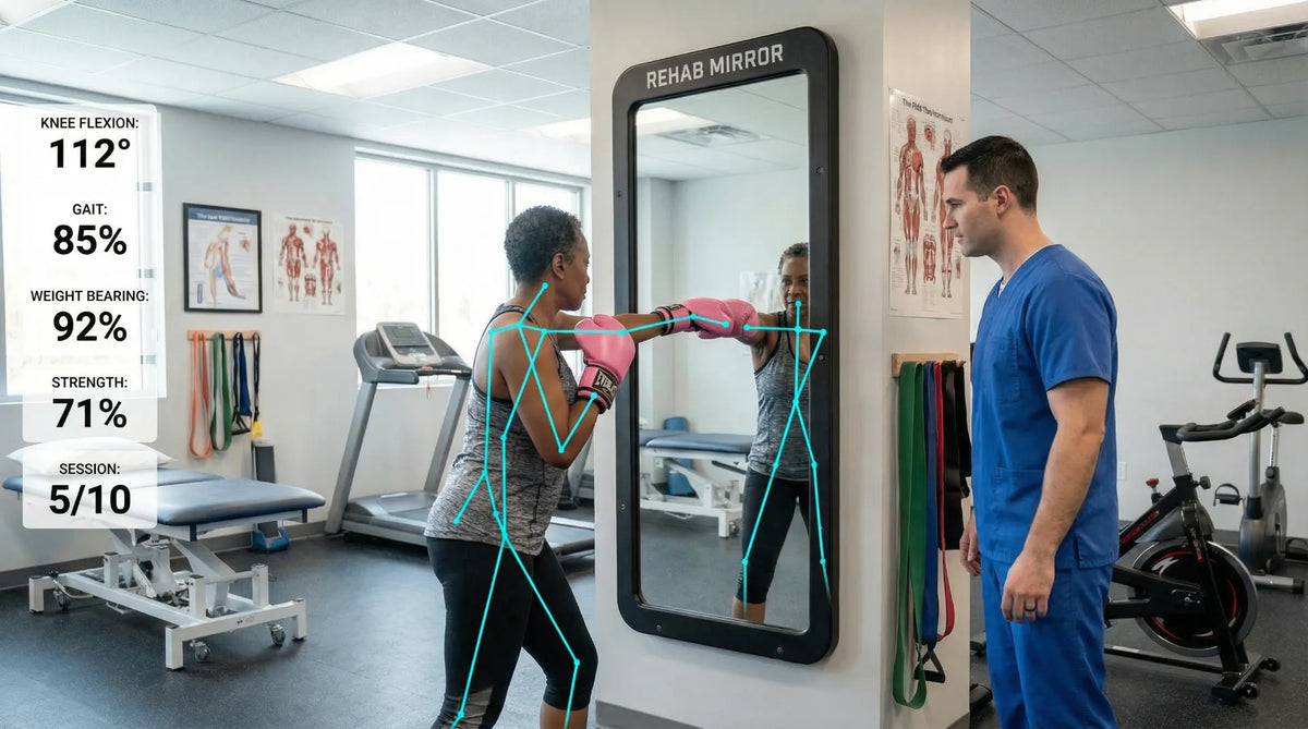 COMBAT MIRROR™ Rehabilitation System: Real-time biomechanical feedback with knee flexion, gait, weight bearing, and strength metrics